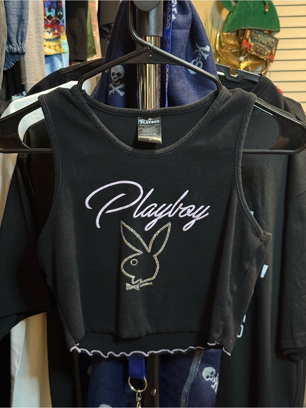 PLAYBOY Black Crop Tank with Pink Script and Silver Bunny